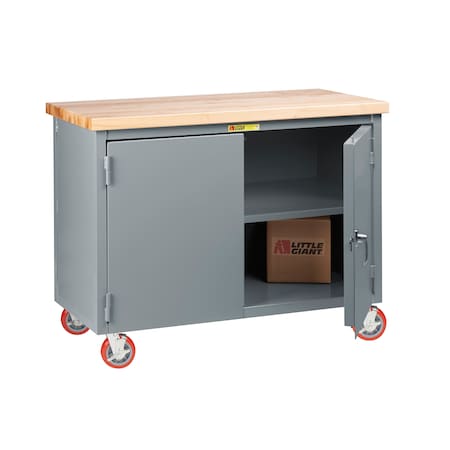Little Giant 30" x 60" Butcher Block Top, Center Shelf, Mobile, 2 Rigid, 2 Swivel Polyurethane, 3000 lbs. Cap. WTC12D30606PYBK